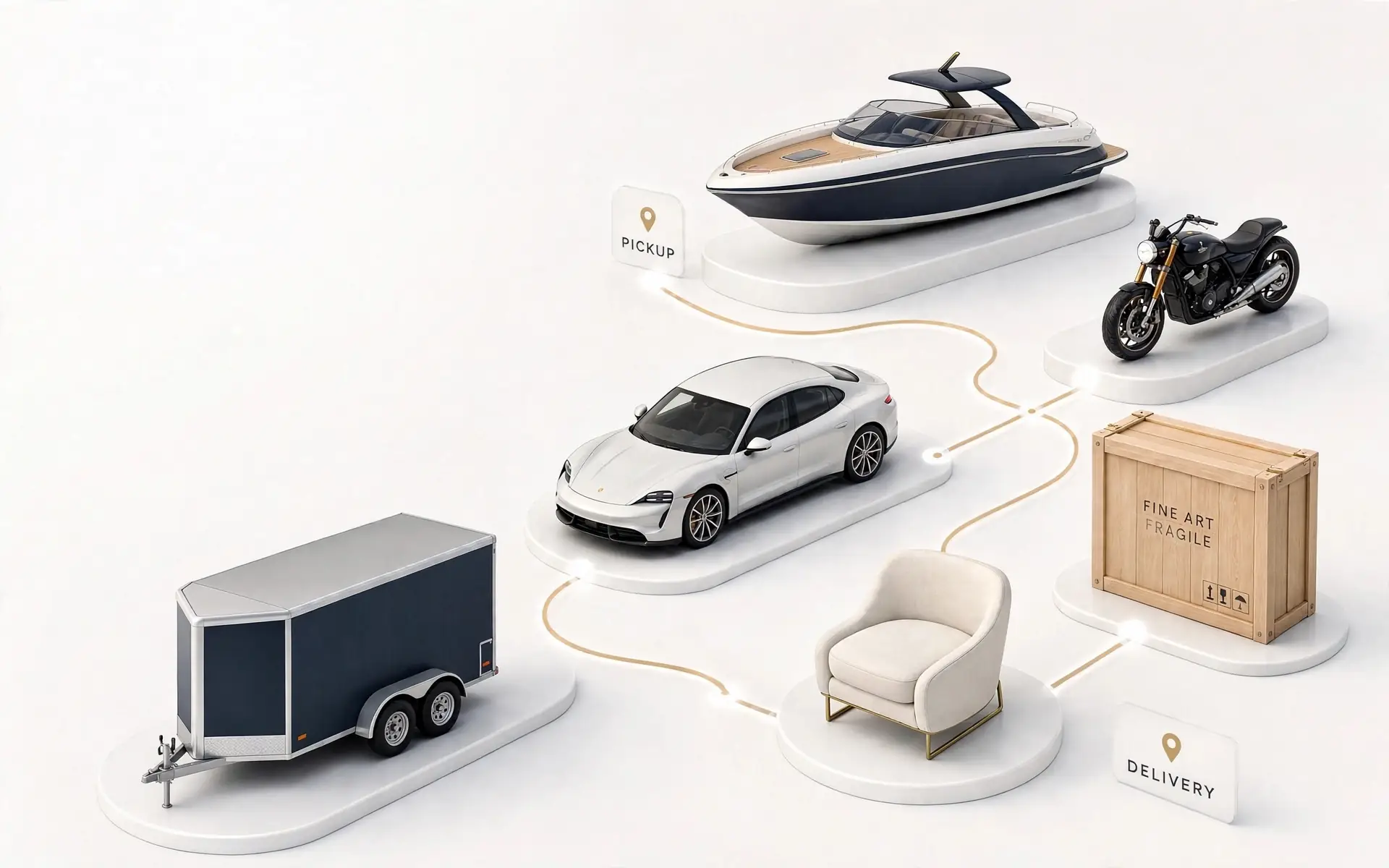 Boat, motorcycle, car, furniture, and crated fine art moving from pickup to delivery