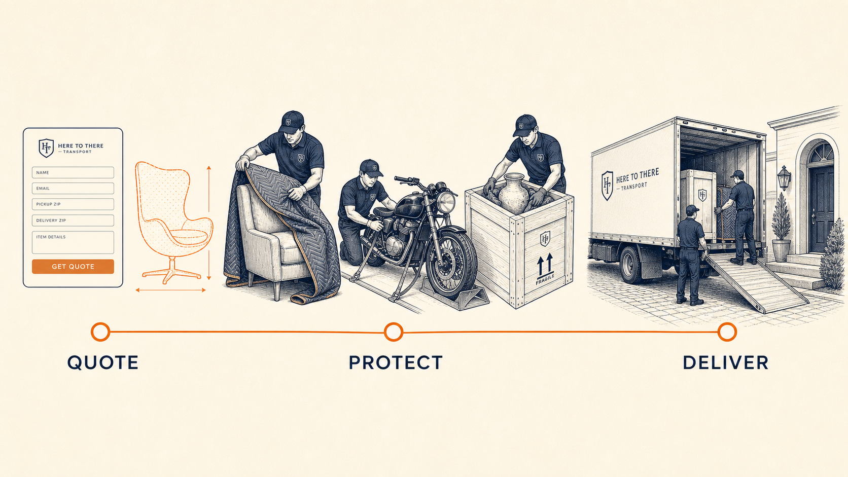 Three step illustration: tell us the move, we coordinate it, your shipment moves